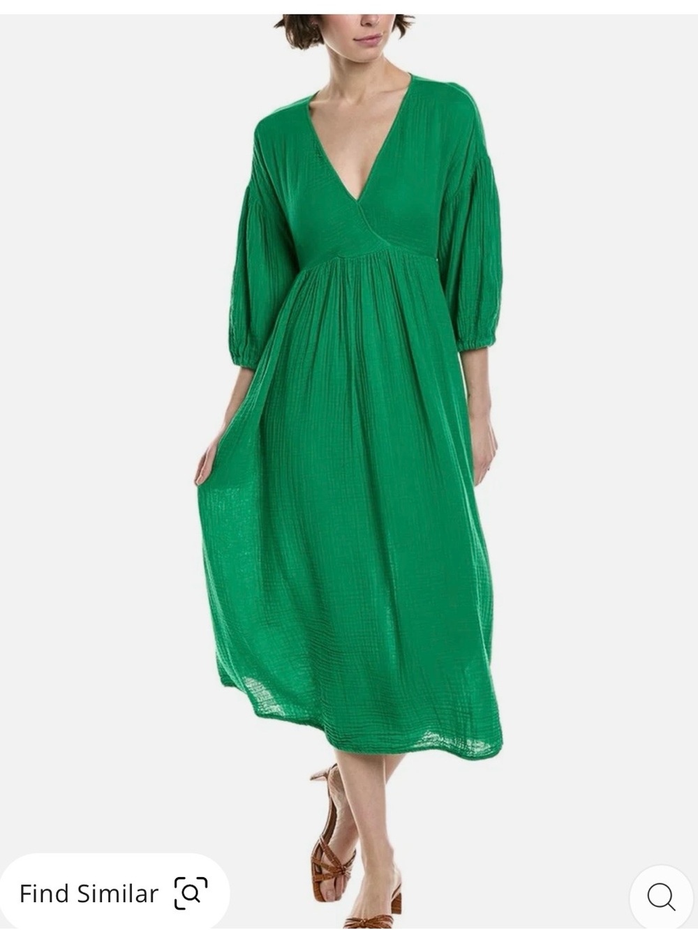 Michael Stars Green Cotton/Gauze Isabell- Midi Dress with 3/4 Sleeves Large